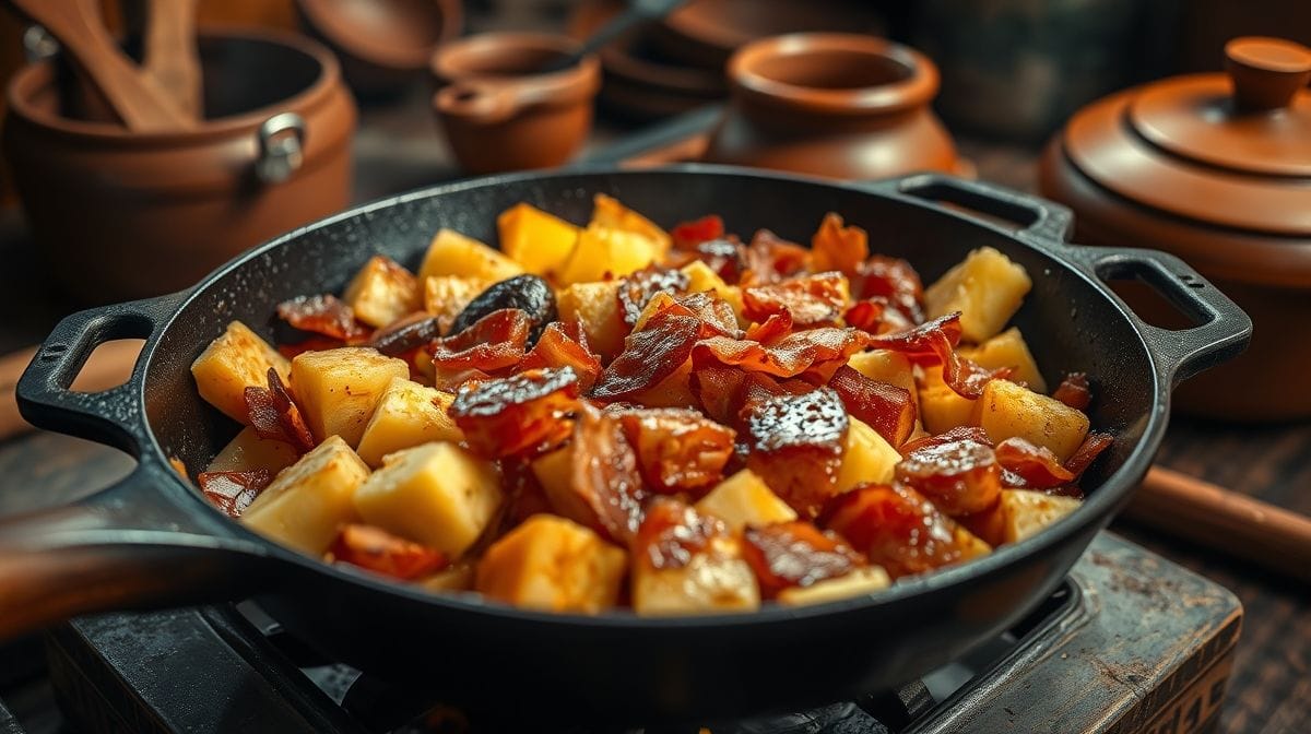 Imagem próxima da preparação da mandioca com bacon, mostrando pedaços de mandioca firme e bacon sendo dourados em frigideira, cozinha rústica com utensílios tradicionais