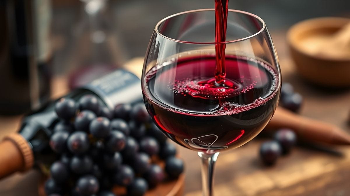 Close-up de uma taça de vinho tinto com cor vibrante servida sobre mesa de madeira rústica, acompanhada por várias garrafas de vinhos tintos renomados