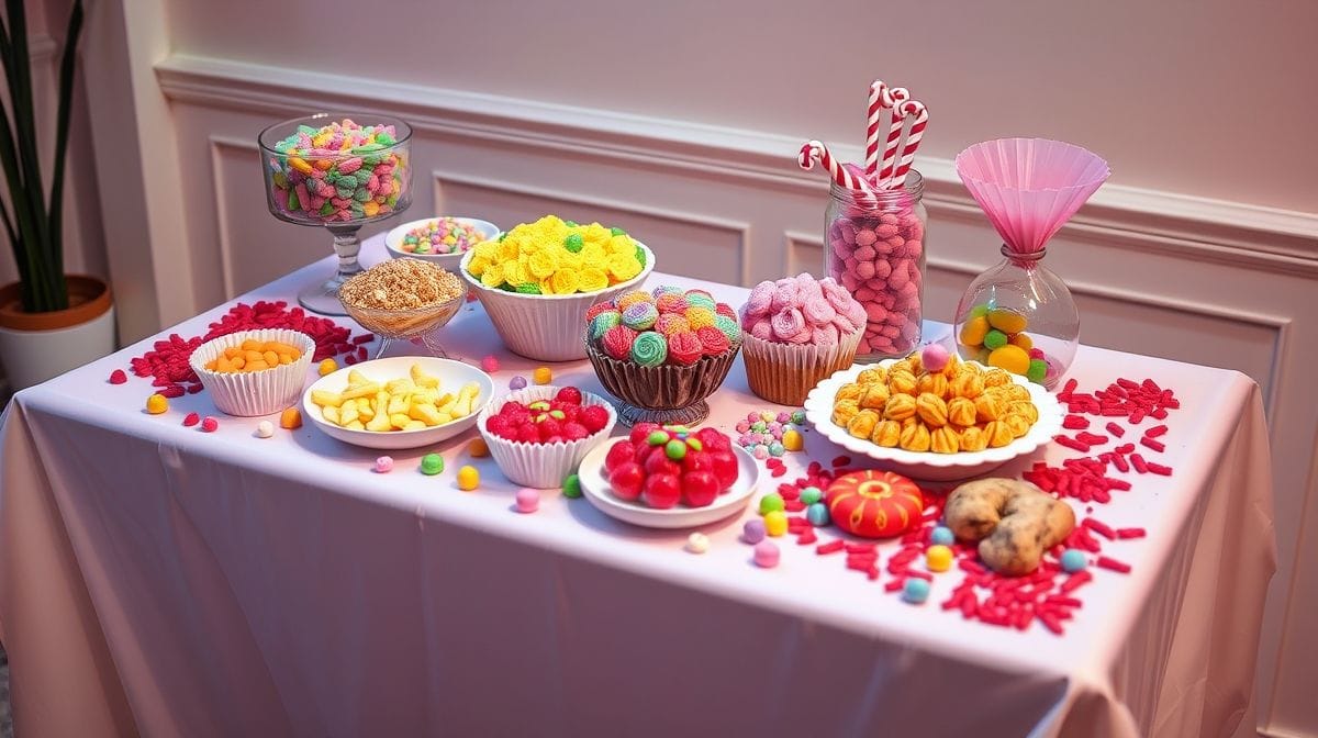 Mesa de doces decorada com variados doces coloridos, forminhas, plaquinhas de identificação em festa animada