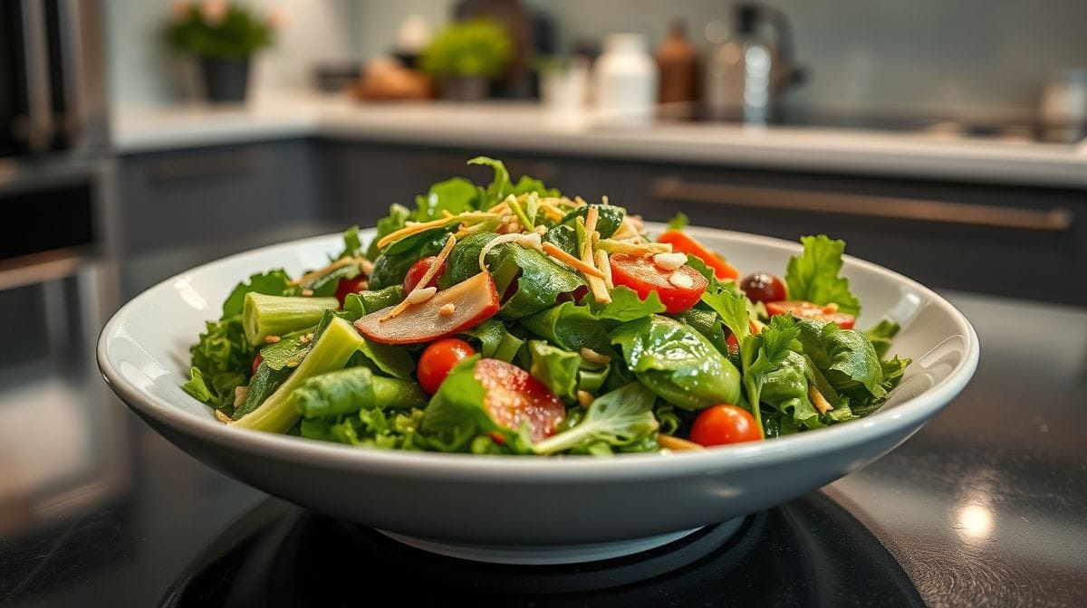 Close de molhinho japonês para salada servido com folhas verdes variadas e legumes frescos, decorado com sementes de gergelim, em um prato branco moderno, ambiente de cozinha clean e iluminada