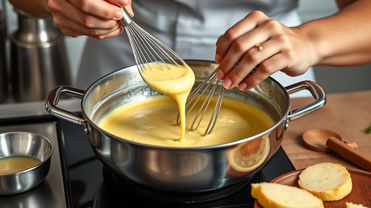 Imagem detalhada do processo de preparo do molho béarnaise – mãos mexendo cuidadosamente a emulsão de gemas e manteiga clarificada em banho-maria, utensílios de cozinha tradicionais franceses ao redor, ambiente de cozinha limpa e organizada