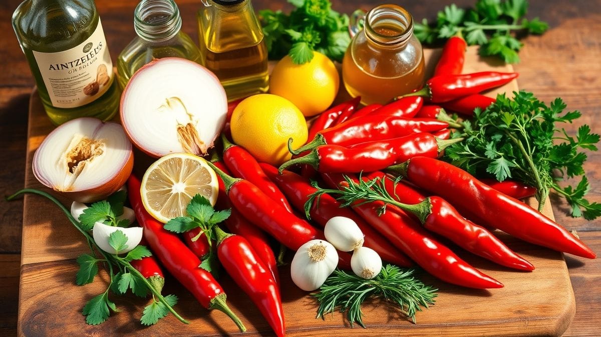 Imagem de ingredientes frescos para molho de pimenta para churrasco dispostos sobre uma tábua de madeira, incluindo pimentas dedo-de-moça, cebola, alho, limão, vinagre, azeite e ervas frescas