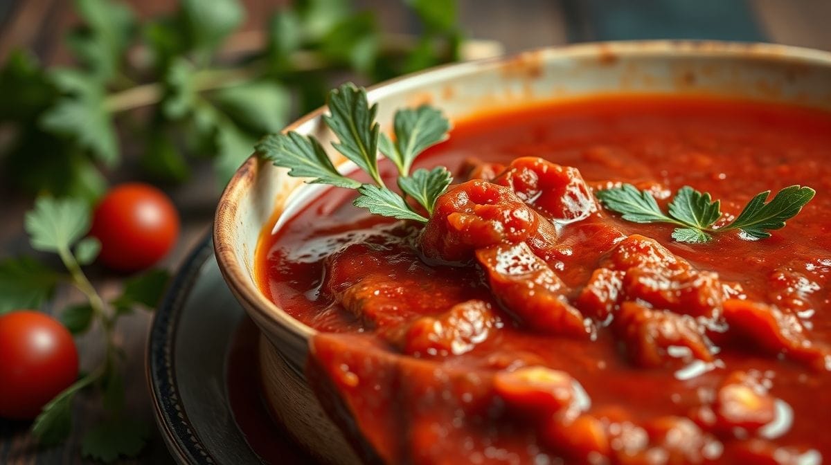 Close-up do molho vermelho caseiro sendo servido sobre rocambole de carne moída, com destaque para textura cremosa e ingredientes frescos como manjericão