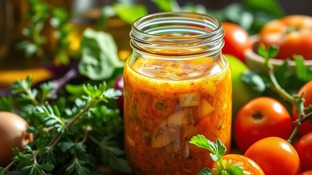 Imagem detalhada de um pote de vidro com molho de salada vibrante, ingredientes frescos ao redor como azeite, vinagre, ervas e legumes, estilo natural e convidativo