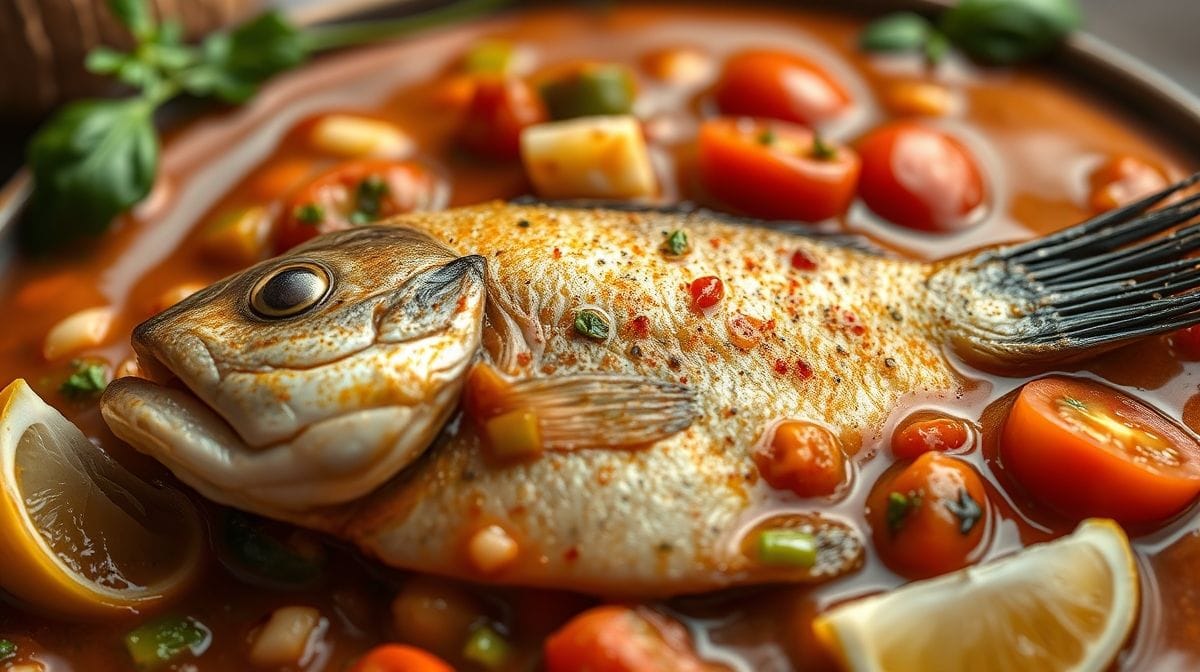 Close-up da moqueca de garoupa sendo preparada, mostrando camadas de peixe, cebola, pimentões e tomates em panela de barro, com detalhes de azeite de dendê e leite de coco