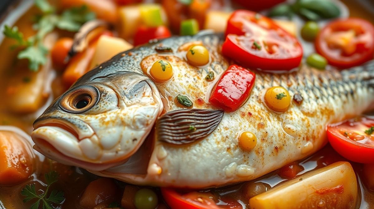 Close-up de moqueca sem dendê em panela, mostrando camadas de peixe, cebola, pimentão vermelho e amarelo, tomate, cobertas com molho cremoso sem óleo de dendê