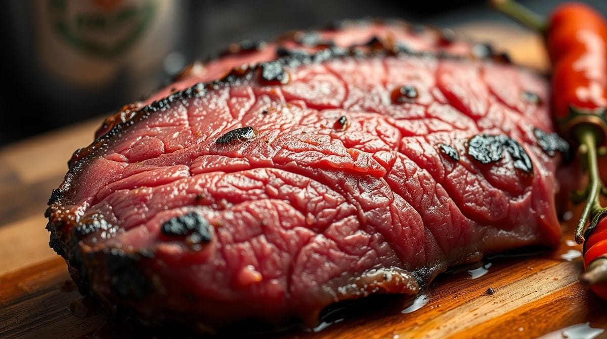 Close-up de carne pastrami defumada em fatias finas sobre tábua de madeira, mostrando textura detalhada e cor vermelho-rosada, cenário de cozinha artesanal com temperos ao lado.