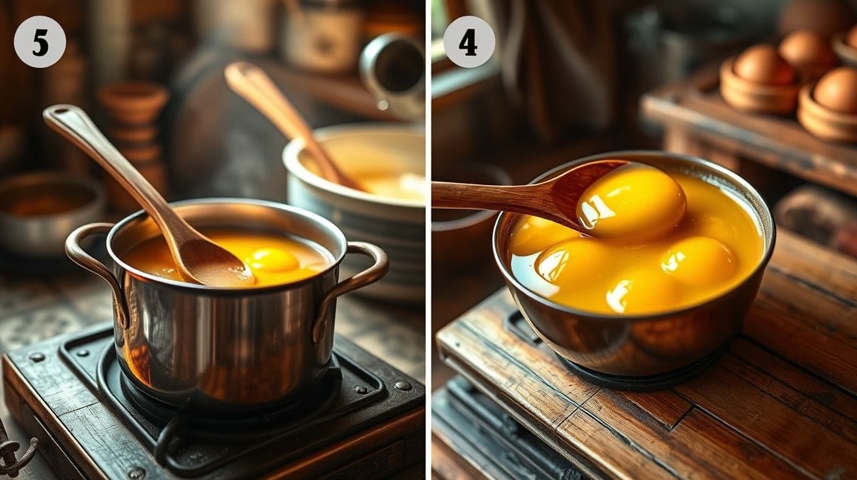 Passo a passo do preparo dos ovos moles portugueses, mostrando uma panela com calda de açúcar espessa, gemas coloridas sendo misturadas com delicadeza, em cozinha portuguesa autêntica
