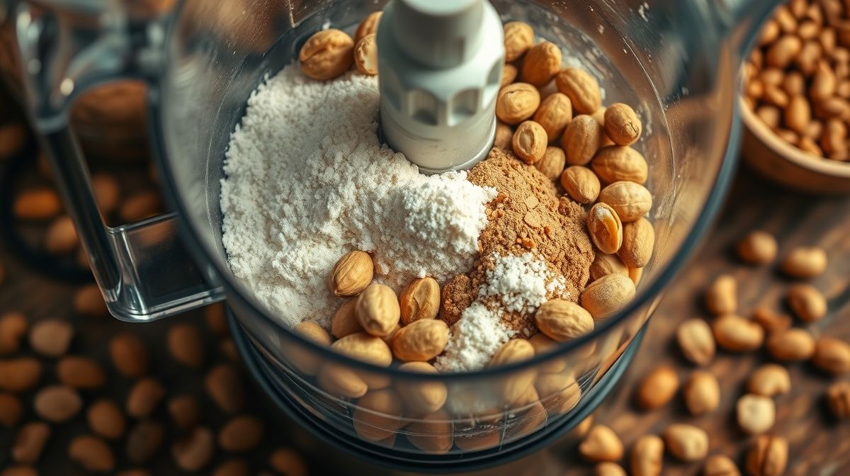 Imagem detalhada do processo de preparo da paçoca em processador de alimentos, com ingredientes visíveis: amendoim, açúcar, farinha de mandioca