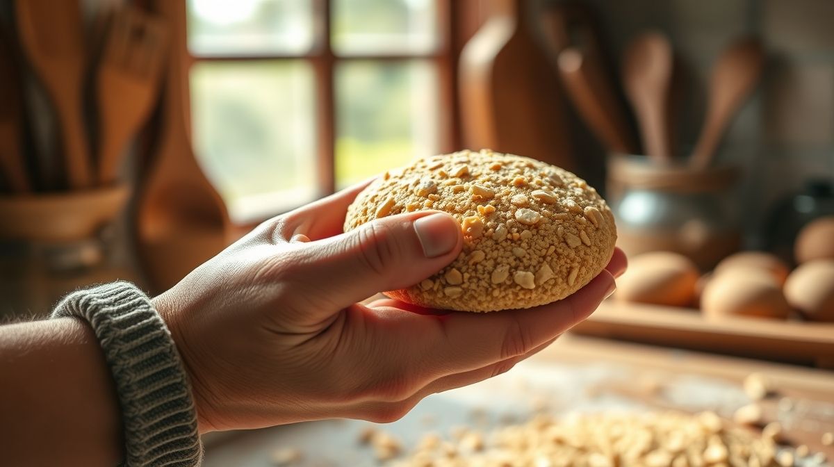 Close-up de uma paçoca caseira sendo moldada à mão, mostrando detalhes da textura do amendoim triturado em uma cozinha aconchegante com utensílios tradicionais ao fundo