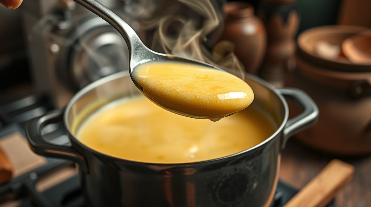 Imagem detalhada de pamonha doce sendo retirada da panela com escumadeira, vapor visível, textura cremosa da pamonha à mostra, fundo de fogão e utensílios de cozinha tradicionais