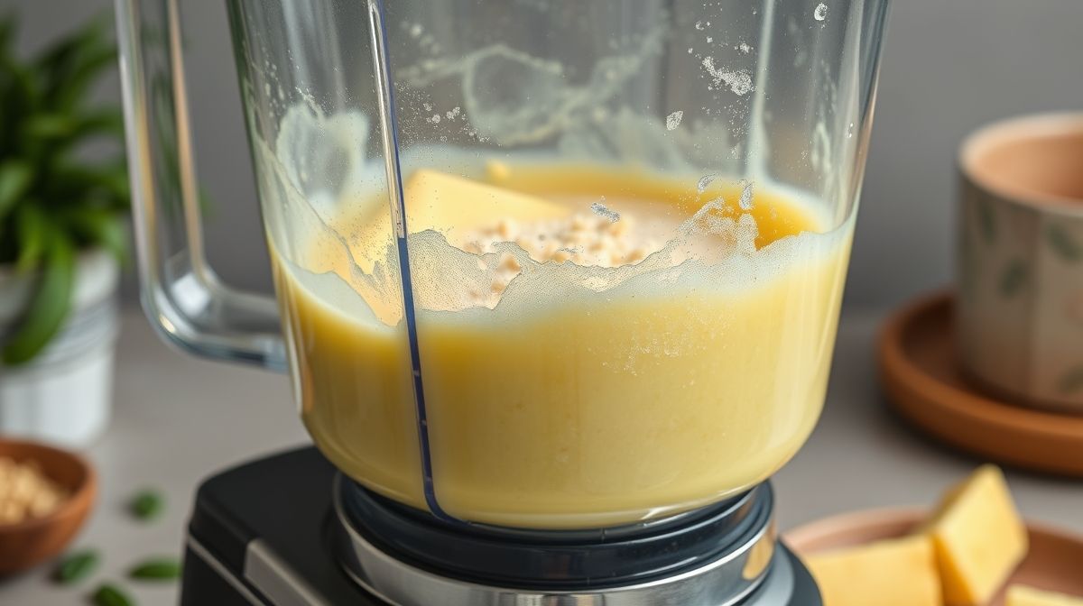 close-up do processo de preparo de pão de milho, liquidificador com mistura amarela e pedaços visíveis de milho verde, ambiente de cozinha caseira clara e limpa