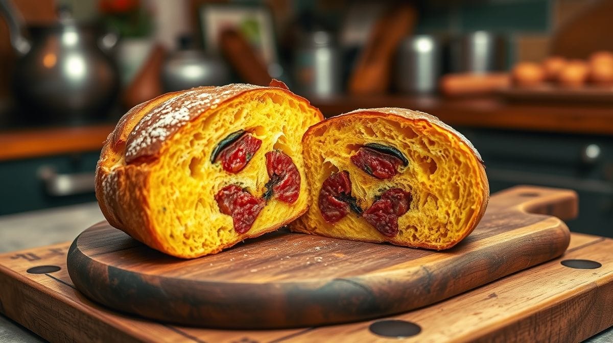 detalhe do pão folar português cortado ao meio, revelando miolo amarelo e recheio de linguiça e salpicão, sobre uma tábua de madeira, ambiente rústico de cozinha portuguesa
