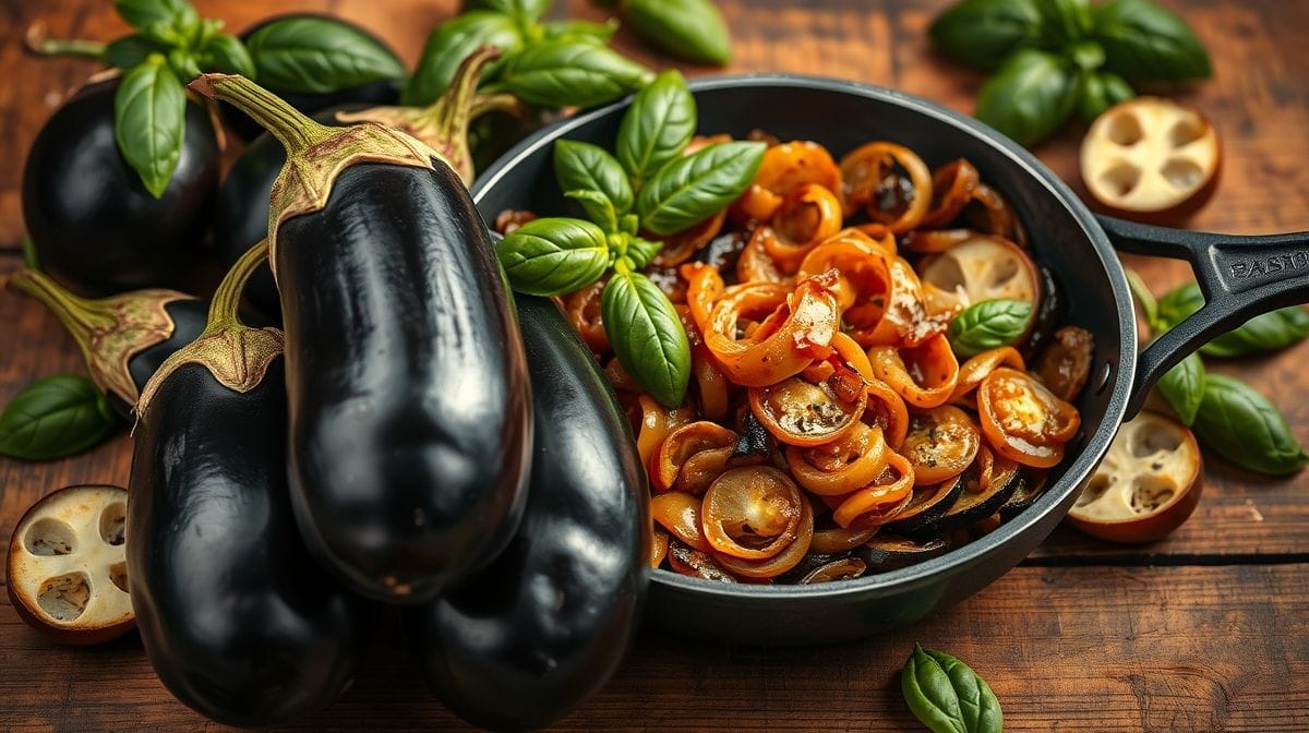 Berinjelas frescas inteiras e cortadas, cebola caramelizada dourada em frigideira, manjericão fresco, ingredientes dispostos artisticamente em superfície de madeira rústica, imagem de culinária natural e artesanal