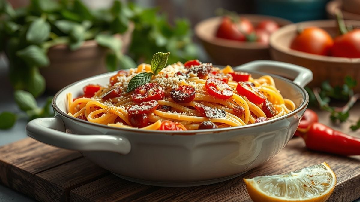 Imagem close-up de uma tigela com pasta muhamara feita de frutas secas, pimentão vermelho e romã, com ingredientes frescos, como amêndoas, nozes e sementes de romã ao redor, ambiente de cozinha mediterrânea