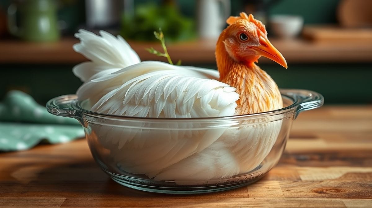 Imagem close-up de um patê de frango simples em pote de vidro transparente, com cenoura ralada e cheiro-verde visíveis, sobre mesa de madeira clara, ambiente de cozinha caseira
