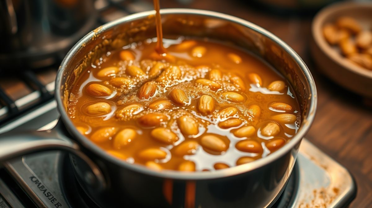 Close-up do processo de preparo do pé de moleque, com uma panela mostrando o caramelo dourado misturado ao amendoim em fogo médio