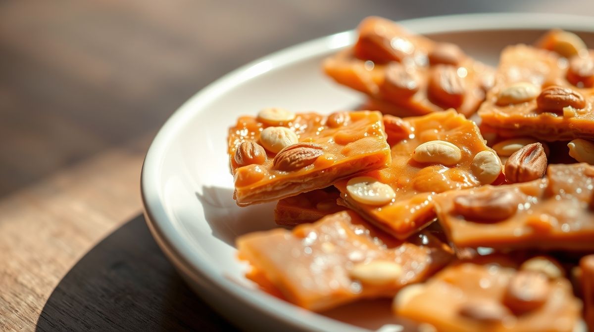 Close-up de pedaços de pé de moleque com amendoim torrado, mostrando detalhes da textura crocante e caramelizada em um prato simples
