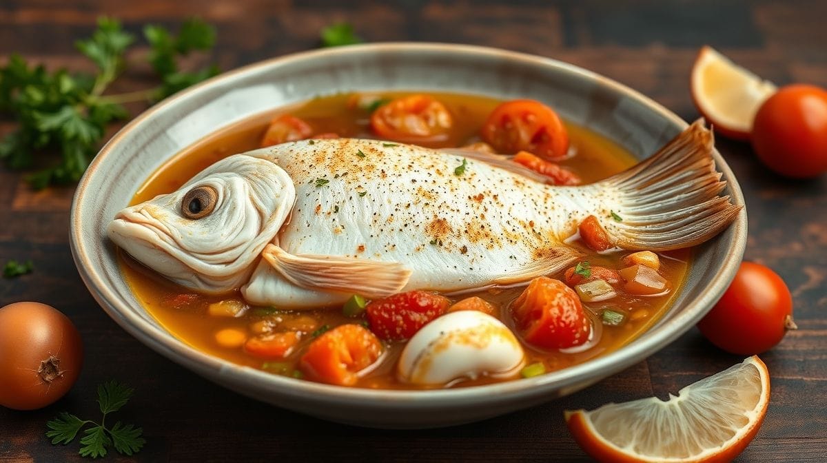 Panela com peixe branco cozido com ovos batidos por cima, molho encorpado com tomates e cebola, vista lateral, textura apetitosa e cores vibrantes