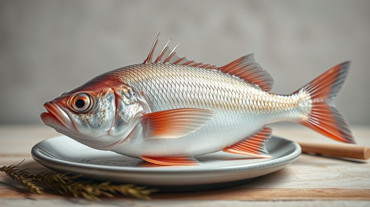 Imagem detalhada de Peixe Palombeta cru fresco, exibindo textura e detalhes dos espinhos finos, sobre fundo neutro e cozinha despojada