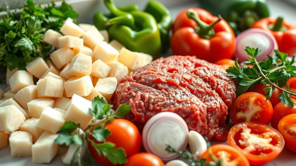 Close dos ingredientes frescos para picadinho de carne com mandioca: cubos de carne, mandioca descascada, cebola, alho, tomate, pimentão e ervas frescas organizados sobre uma bancada de cozinha clara