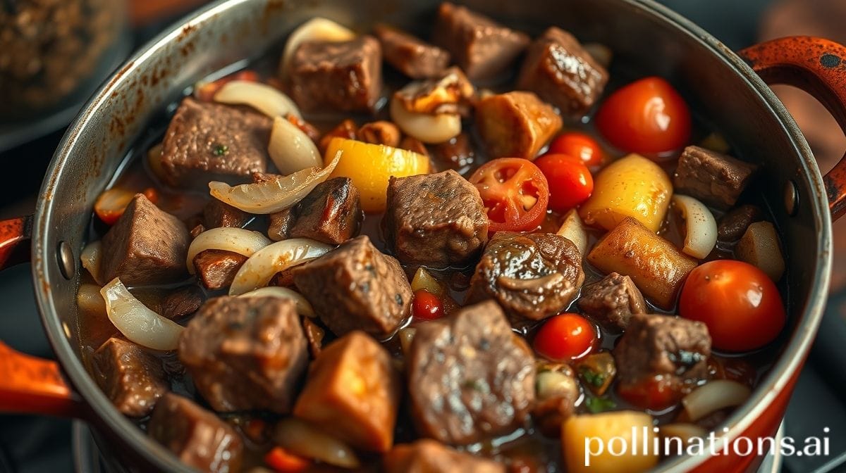 Close-up do preparo do picadinho de acém na panela comum, mostrando cubos de carne dourados e legumes variados como cebola, alho e tomate sendo refogados
