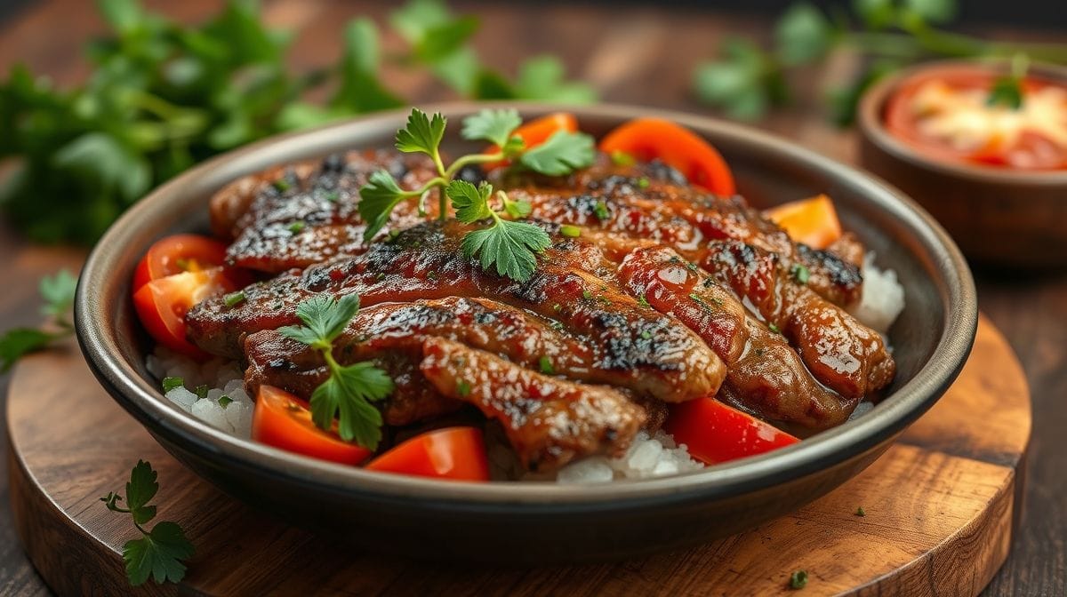 close da carne de acém dourada e cozida lentamente na panela comum com pedaços de tomate e cheiro-verde fresco