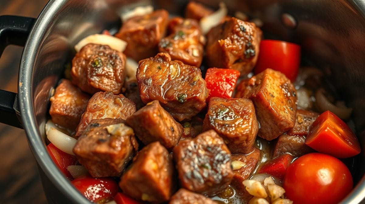 Imagem detalhada de cubos de contrafilé dourados na panela de pressão, com cebola picada, alho e tomate, mostrando o preparo culinário tradicional brasileiro