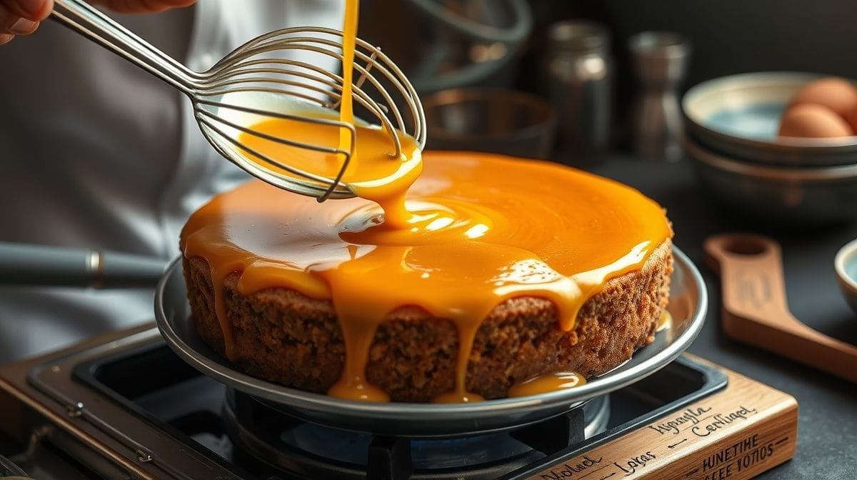 processo de preparo do caramelo brilhante dourado em panela, leite e creme sendo misturados, ingredientes frescos sobre bancada de cozinha rústica, ambiente iluminado naturalmente