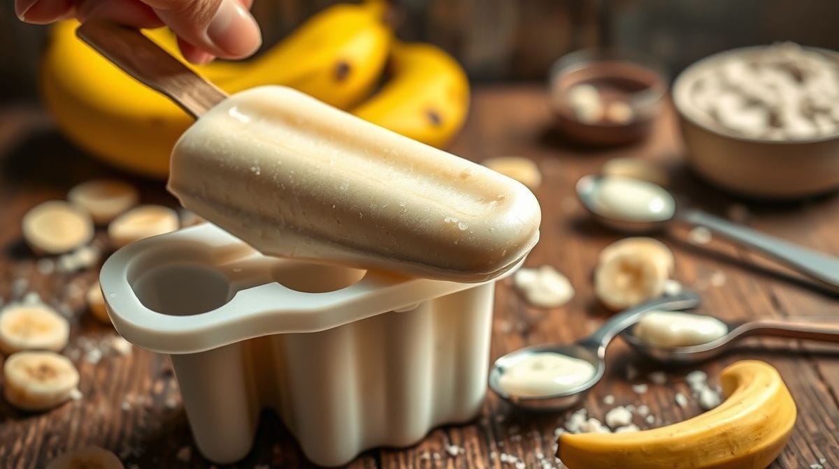 Close-up de picolé de banana caseiro sendo desenformado de forma de silicone, textura cremosa visível, fundo de madeira rústica com ingredientes usados, como bananas e creme de leite, ambiente caseiro e aconchegante