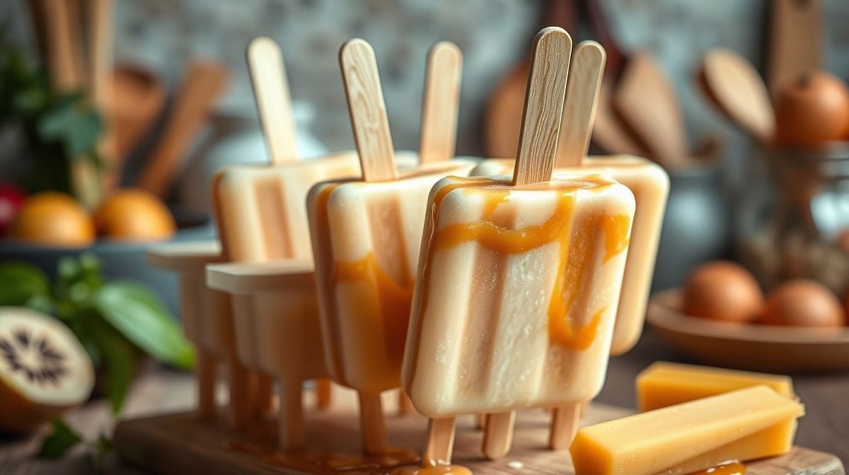 Imagem close-up de picolés de doce de leite desenformados, mostrando textura cremosa e palitos de madeira, com fundo desfocado de utensílios de cozinha e ingredientes frescos