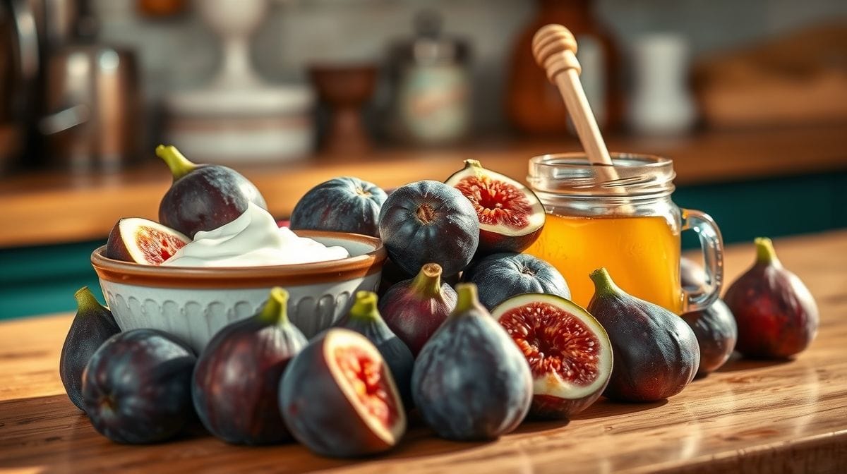 Ingredientes do picolé de figo: figos maduros, iogurte grego cremoso, mel natural dispostos artisticamente em uma bancada de cozinha