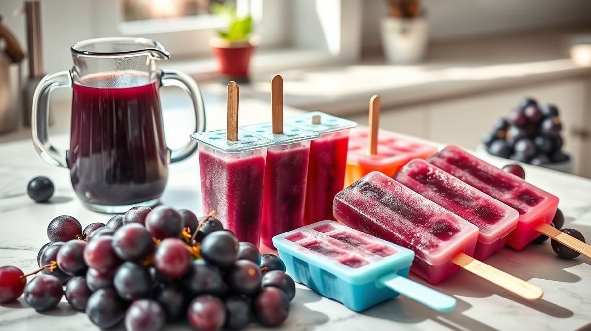 imagem detalhada do processo de preparo do picolé de uva, com ingredientes como uvas frescas, suco de uva concentrado, forminhas de silicone e palitos de madeira, em cozinha iluminada, estilo fotografia culinária