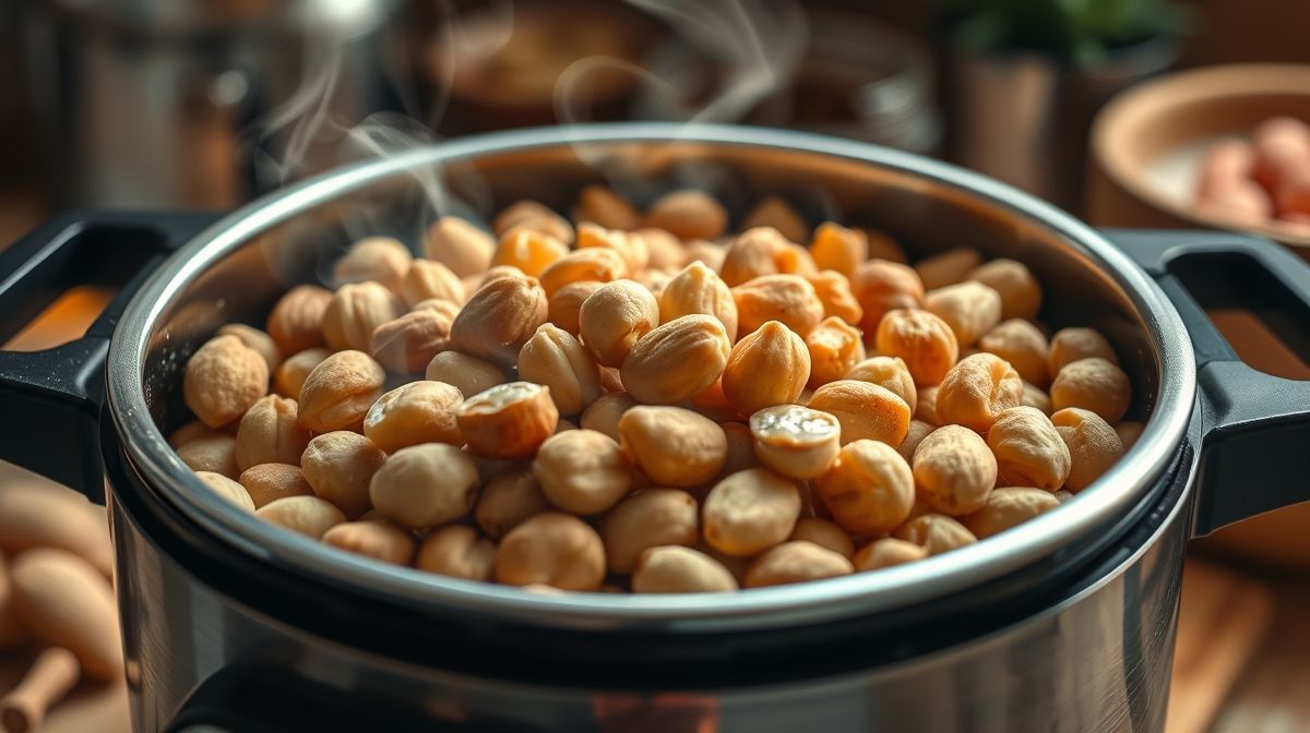 Close detalhado de pinhões cozidos em uma panela de pressão aberta, com vapor saindo, mostrando textura úmida e apetitosamente cozida, cenário de cozinha caseira.