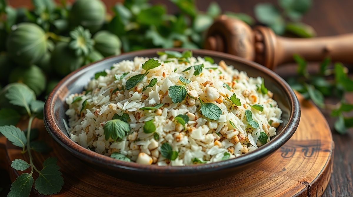 Ingrediente pinhão fresco e embalagem rústica sobre mesa de madeira, ambiente típico da região sul brasileira