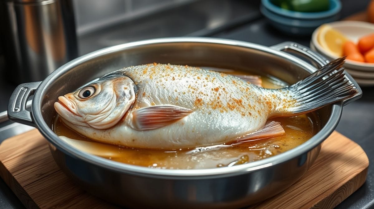 Passo a passo de como congelar bacalhau: peixe sendo pincelado com azeite, embalado em recipiente hermético, em ambiente de cozinha moderna