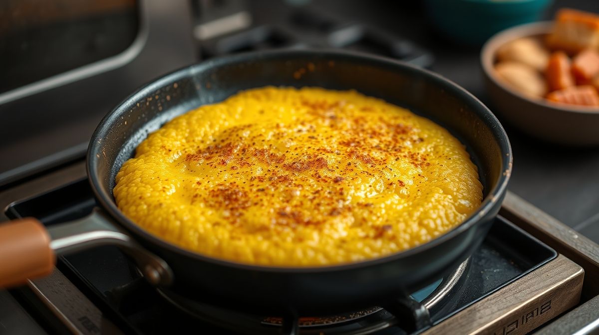 Etapas da preparação da polenta frita em cozinha, com foco na panela e na textura cremosa da polenta sendo mexida