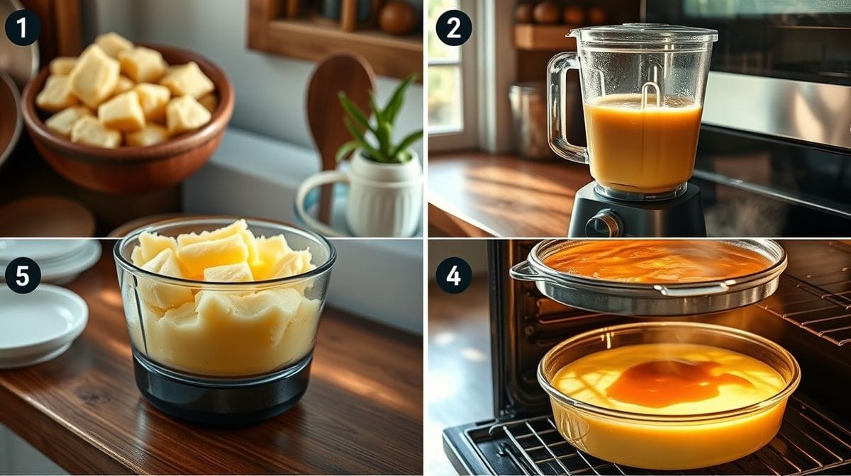 Imagem passo a passo do pudim de mandioca sendo preparado, mostrando a mandioca cozida, a mistura no liquidificador, caramelo na forma, e o pudim assando em banho-maria em forno