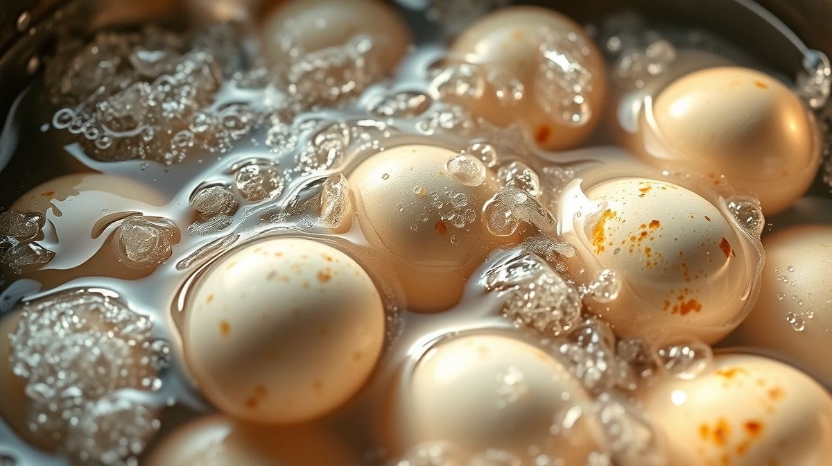 processo de cozimento de ovos de codorna em panela com água fervente, foco na fervura e ovos imersos, estilo fotográfico realista e convidativo