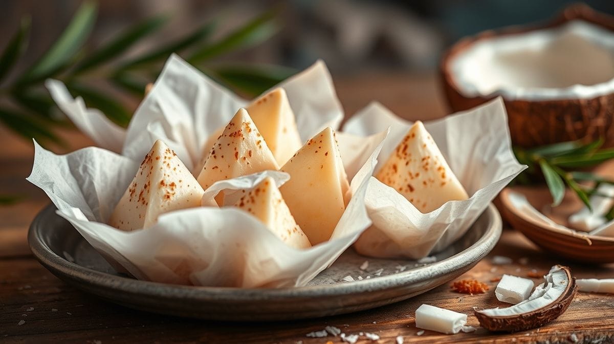 imagem de queijadinhas caseiras em forminhas de papel, textura cremosa visível, coco ralado ao redor, cenário de cozinha acolhedora com ingredientes naturais