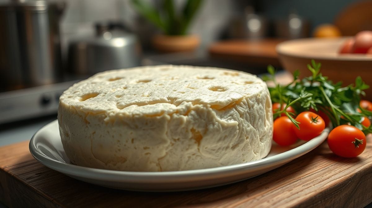 Close-up de queijo parmesão ralado em uma tigela branca, com massas e ervas frescas ao redor, em ambiente de cozinha aconchegante e bem iluminada