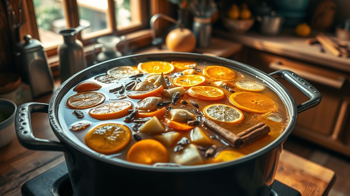 Foto de uma panela com quentão sendo preparado, com ingredientes visíveis como cascas de laranja, limão, gengibre, cravo e canela, em ambiente de cozinha rústica