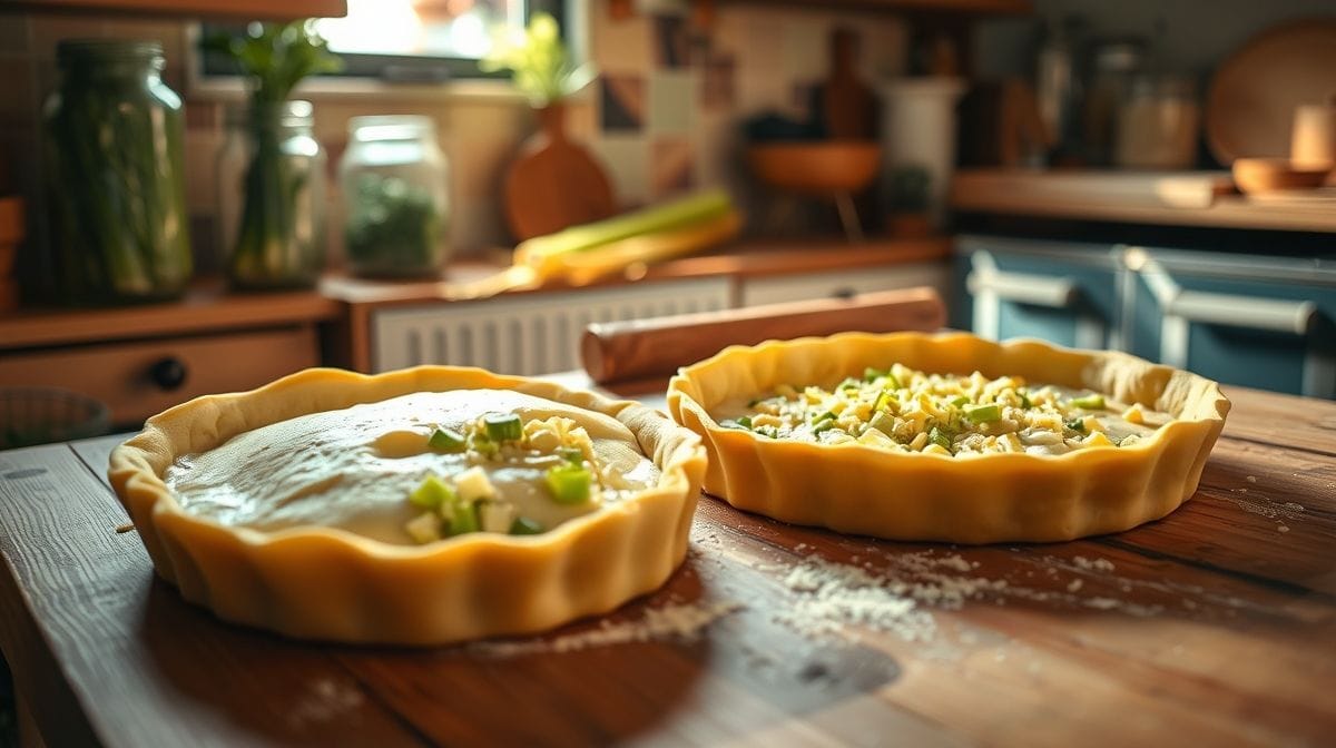 imagem detalhada do preparo da quiche de alho-poró, mostrando a massa sendo aberta e o recheio cremoso de alho-poró com queijo, ambiente de cozinha aconchegante e iluminado