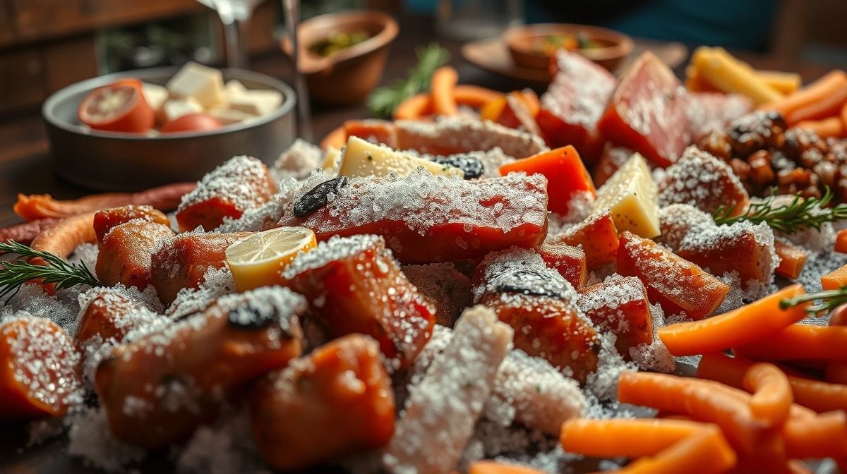 close-up de tábua de frios com diversas carnes defumadas, queijos suaves e castanhas, em uma mesa de madeira rústica, iluminação quente e convidativa