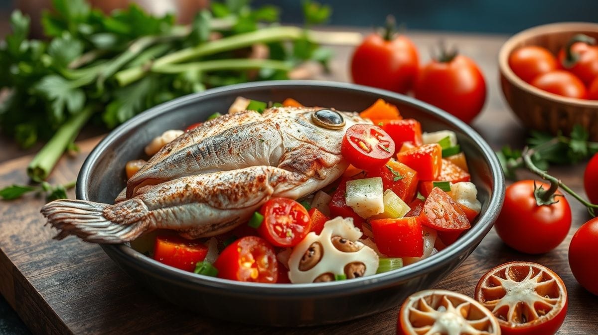 Imagem detalhada do preparo de caranguejo na panela com ingredientes frescos como tomates, cebolas e pimentões, com foco nas cores vibrantes e textura dos frutos do mar, estilo culinária caseira