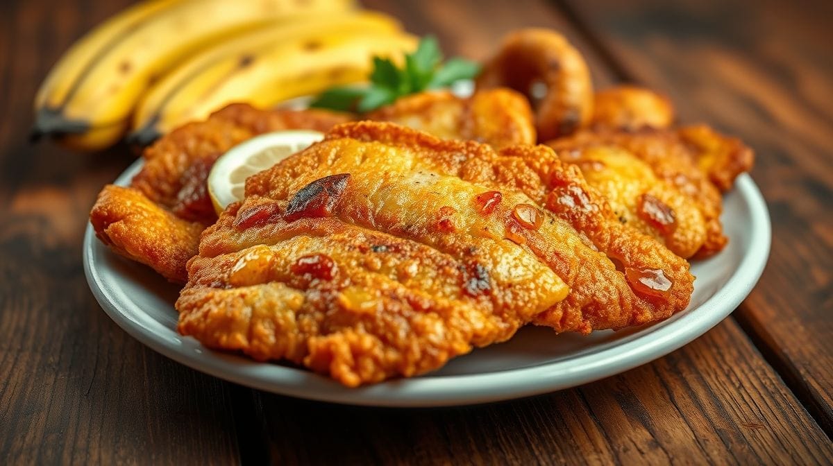 Close-up de filés de peixe fritos dourados com bananas-da-terra fritas ao lado, textura crocante, fundo de mesa de madeira
