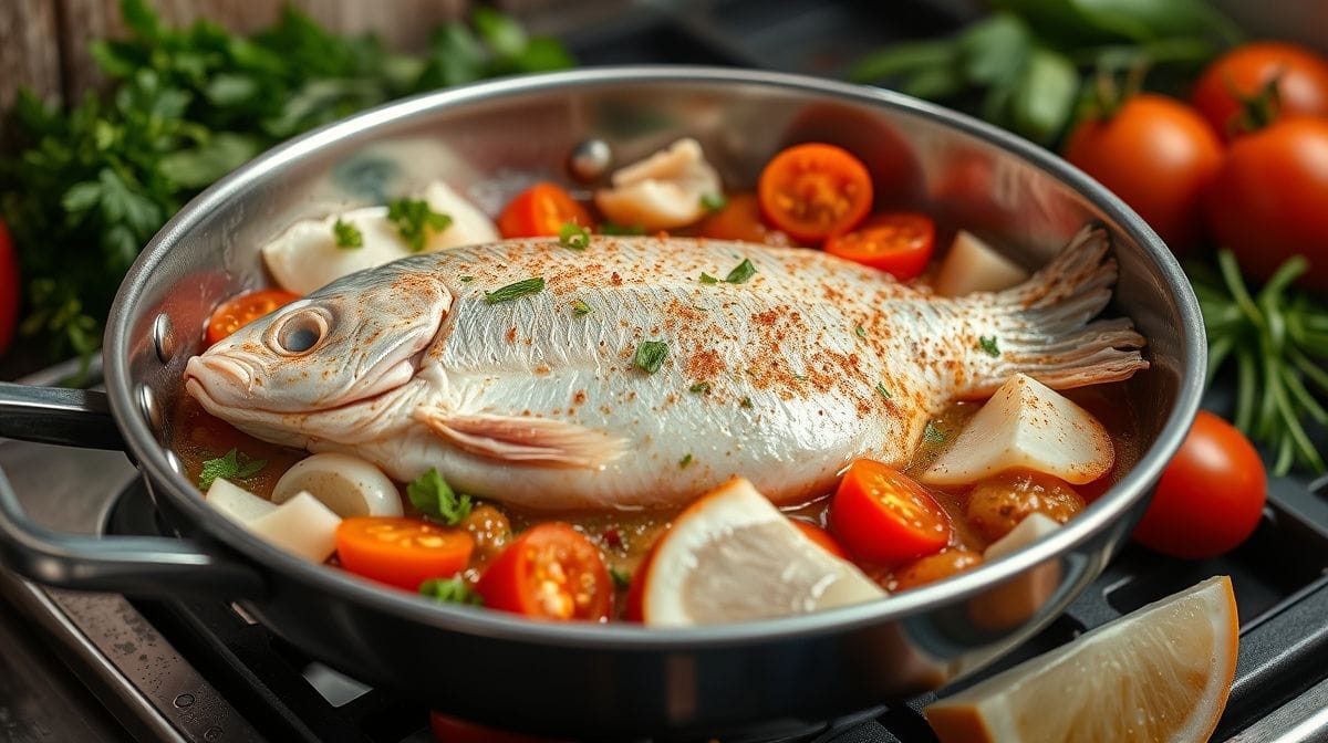 Preparação de receita de pirarucu desfiado, mostrando panela com ingredientes frescos como cebola, alho, pimentões e tomate refogados, com pedaços de peixe desfiado sendo incorporados, ambiente de cozinha acolhedora