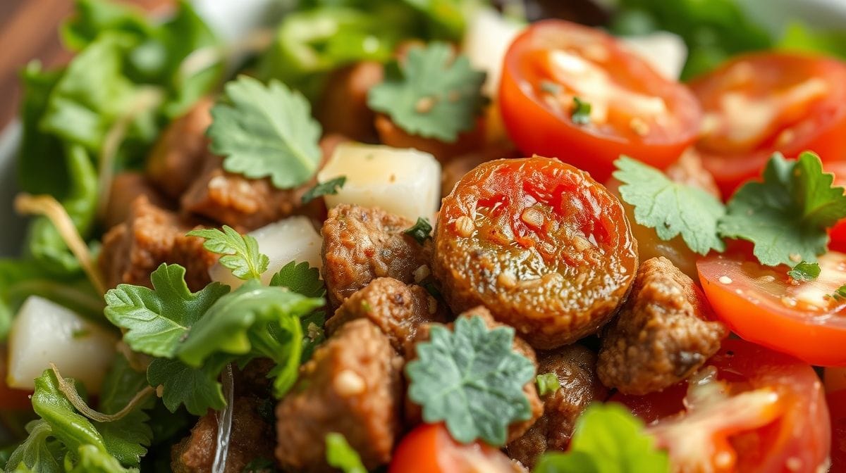 Close-up of the vegetarian barley salad with halved cherry tomatoes and fresh basil, highlighting the texture and vibrant colors of the dish