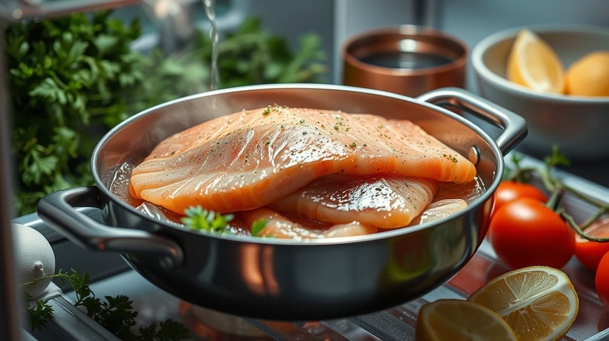 Imagem detalhada do preparo do salmão ao molho de ostra na frigideira, mostrando a crosta dourada, molho espesso e ingredientes frescos ao redor, estilo culinário realista