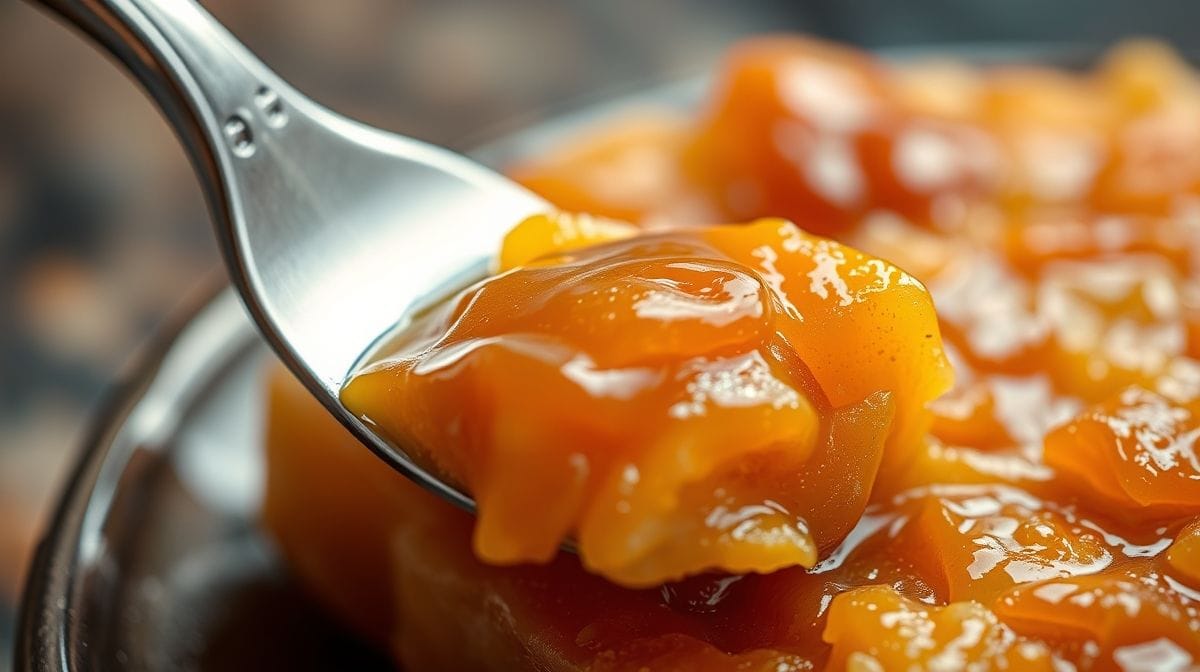 Foto detalhada do preparo do crocante de castanha de caju caramelizado, com brilho dourado do caramelo e textura crocante, estilo macro fotográfico